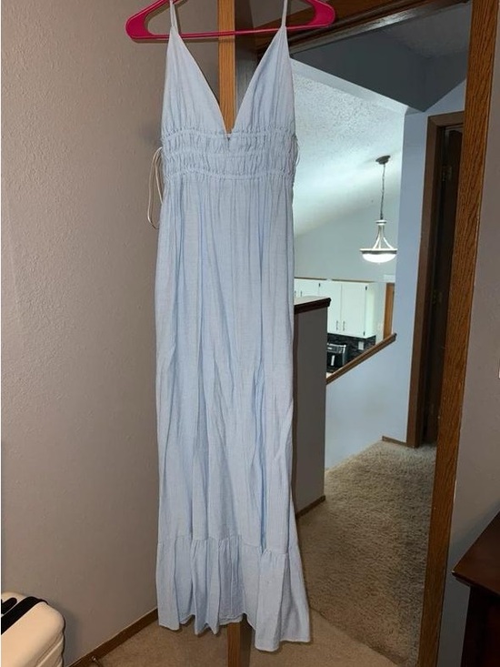 None Dresses & Skirts - Light Blue Smocked V-Neck Maxi Dress with Spaghetti Straps